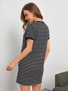 SHEIN Essnce Striped Print Contrast Binding Tee Dress - Black and White - View 2