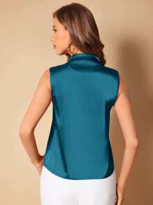 SHEIN Privé Solid V Neck Satin Blouse,Sleeveless Tops