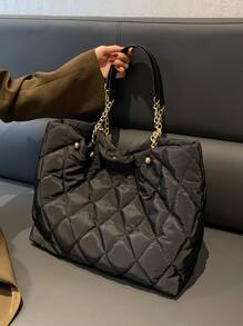 Fashionable Solid Color Elegant Versatile Quilted Diamond Chain Large Capacity Shoulder Tote Bag For Women, Suitable For Shopping And Commuting - Black - View 1