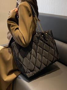 Fashionable Solid Color Elegant Versatile Quilted Diamond Chain Large Capacity Shoulder Tote Bag For Women, Suitable For Shopping And Commuting - Black - View 2