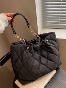 Fashionable Solid Color Elegant Versatile Quilted Diamond Chain Large Capacity Shoulder Tote Bag For Women, Suitable For Shopping And Commuting - Black - View 4