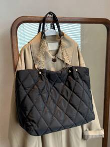 Fashionable Solid Color Elegant Versatile Quilted Diamond Chain Large Capacity Shoulder Tote Bag For Women, Suitable For Shopping And Commuting - Black - View 5