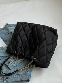 Fashionable Solid Color Elegant Versatile Quilted Diamond Chain Large Capacity Shoulder Tote Bag For Women, Suitable For Shopping And Commuting - Black - View 6