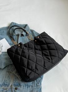 Fashionable Solid Color Elegant Versatile Quilted Diamond Chain Large Capacity Shoulder Tote Bag For Women, Suitable For Shopping And Commuting - Black - View 7