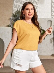 SHEIN LUNE 大碼素色蝙蝠袖T恤 - 黃色 - 查看 5