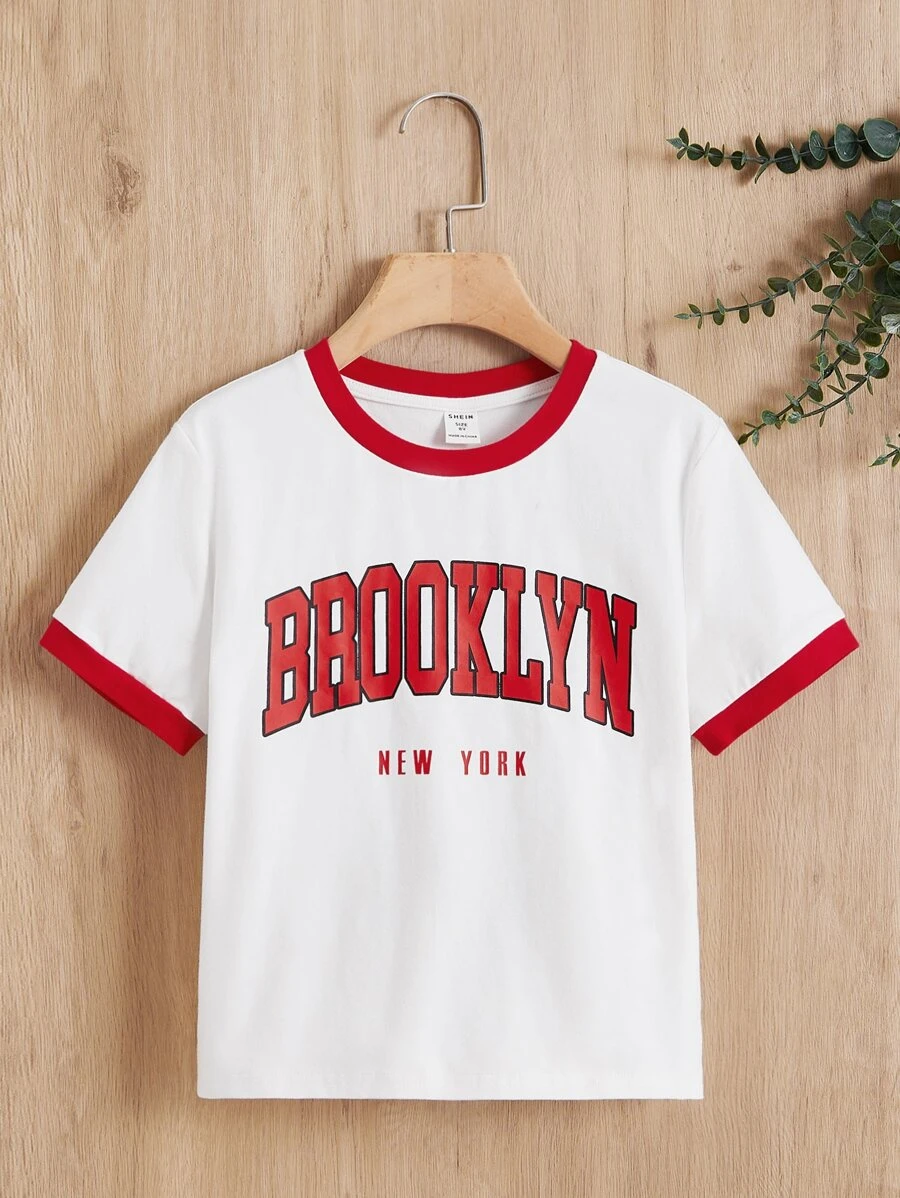 SHEIN 女孩字母圖案拼接邊T恤 - 白色 - 查看 1
