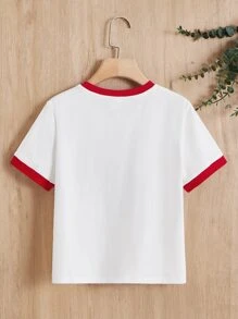 SHEIN 女孩字母圖案拼接邊T恤 - 白色 - 查看 2