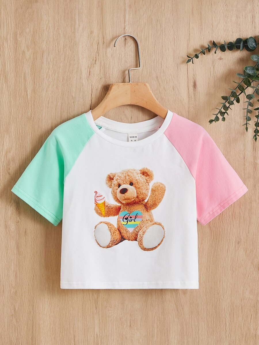 SHEIN Chicas Camiseta con estampado de oso de color combinado de manga raglán - Multicolor - Ver 1