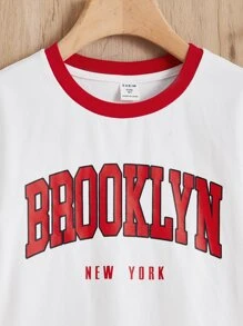 SHEIN 女孩字母圖案拼接邊T恤 - 白色 - 查看 3