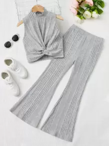 SHEIN 女孩前扭結小高領背心上衣和喇叭褲 - 淺灰色 - 查看 1