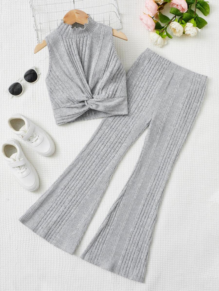 SHEIN 女孩前扭結小高領背心上衣和喇叭褲 - 淺灰色 - 查看 1