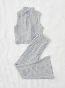 SHEIN 女孩前扭結小高領背心上衣和喇叭褲 - 淺灰色 - 查看 2