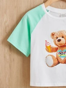 SHEIN Chicas Camiseta con estampado de oso de color combinado de manga raglán - Multicolor - Ver 3