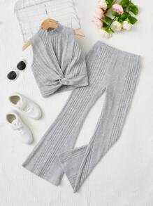 SHEIN 女孩前扭結小高領背心上衣和喇叭褲 - 淺灰色 - 查看 4