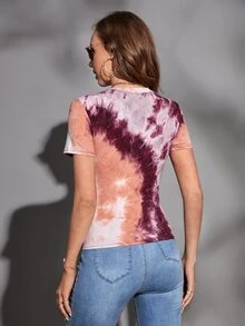 SHEIN Essnce Short Sleeve Tie Dye Tee - Purple - View 2
