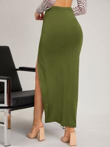 SHEIN BAE Ruched Satin Slit Skirt - Army Green - View 2