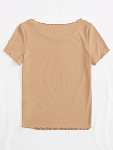 SHEIN Qutie Camiseta ribete en forma de lechuga tejido de canalé - Caqui - Ver 2