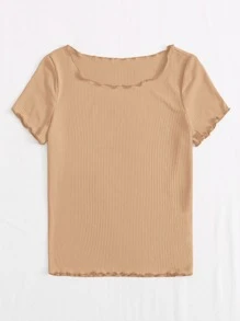 SHEIN Qutie Camiseta ribete en forma de lechuga tejido de canalé - Caqui - Ver 3
