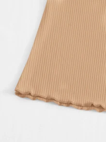 SHEIN Qutie Camiseta ribete en forma de lechuga tejido de canalé - Caqui - Ver 5