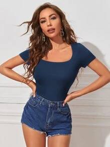 SHEIN Frenchy Scoop Neck Form Fitted Solid Tee - Navy Blue - View 1