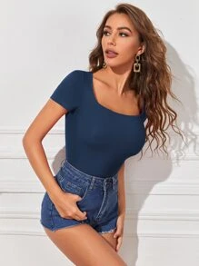 SHEIN Frenchy Scoop Neck Form Fitted Solid Tee - Navy Blue - View 3