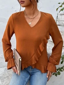 SHEIN LUNE Ruffle Trim Flounce Sleeve Blouse - Brown - View 3