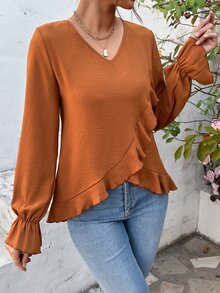 SHEIN LUNE Ruffle Trim Flounce Sleeve Blouse - Brown - View 1