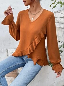 SHEIN LUNE Ruffle Trim Flounce Sleeve Blouse - Brown - View 5