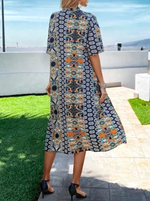 SHEIN VCAY Allover Print Drop Shoulder Kimono & Shorts - Navy Blue - View 2