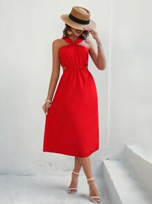 Breezaya Cut Out Halter Neck Dress - Red - View 3