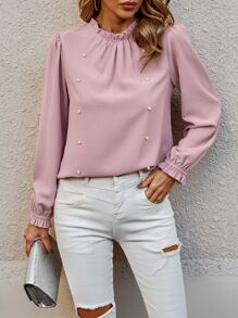 SHEIN LUNE Pearls Beaded Flounce Sleeve Blouse - Baby Pink - View 5