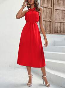 Breezaya Cut Out Halter Neck Dress - Red - View 6