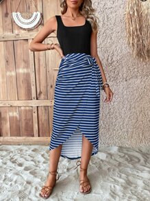 SHEIN LUNE Vestido con estampado de rayas con nudo delantero - Multicolor - Ver 1