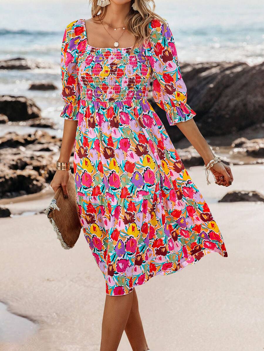 SHEIN VCAY Allover Floral Print Square Neck Flounce Sleeve Ruffle Hem Dress - Multicolor - View 1