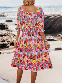SHEIN VCAY Allover Floral Print Square Neck Flounce Sleeve Ruffle Hem Dress - Multicolor - View 2