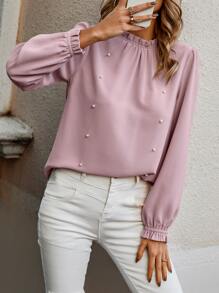 SHEIN LUNE Pearls Beaded Flounce Sleeve Blouse - Baby Pink - View 1