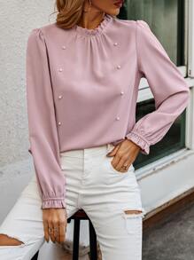 SHEIN LUNE Pearls Beaded Flounce Sleeve Blouse - Baby Pink - View 4
