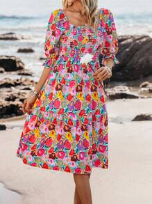 SHEIN VCAY Allover Floral Print Square Neck Flounce Sleeve Ruffle Hem Dress - Multicolor - View 3