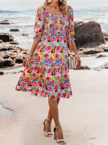 SHEIN VCAY Allover Floral Print Square Neck Flounce Sleeve Ruffle Hem Dress - Multicolor - View 4