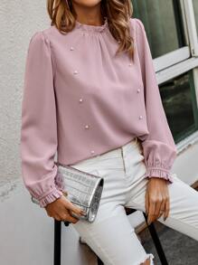 SHEIN LUNE Pearls Beaded Flounce Sleeve Blouse - Baby Pink - View 3