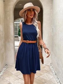 SHEIN LUNE Solid Button Back Sleeveless Dress - Navy Blue - View 3