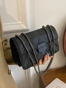 Studded Decor Flap Square Bagcrossbody Bag,Shoulder BagVintage,CasualPortable,With Adjustable Strapfor Women, Rookies & White-Collar Workers,For Girl,For Womangift Bag,Perfect For Office,Work ,Business,Commute,Shopping - Black - View 1