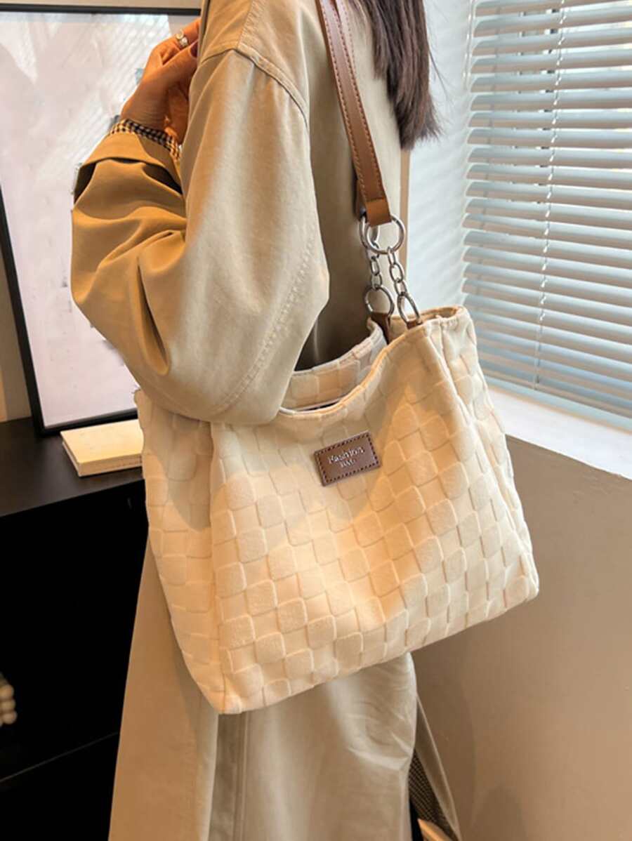 Túi Xách tay Nữ Lá thư Sọc ca rô Đôi tay cầm Đúng mốt - Màu be - Xem 1