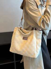 Túi Xách tay Nữ Lá thư Sọc ca rô Đôi tay cầm Đúng mốt - Màu be - Xem 2