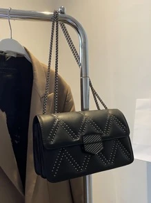 Studded Decor Flap Square Bagcrossbody Bag,Shoulder BagVintage,CasualPortable,With Adjustable Strapfor Women, Rookies & White-Collar Workers,For Girl,For Womangift Bag,Perfect For Office,Work ,Business,Commute,Shopping - Black - View 2