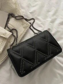 Studded Decor Flap Square Bagcrossbody Bag,Shoulder BagVintage,CasualPortable,With Adjustable Strapfor Women, Rookies & White-Collar Workers,For Girl,For Womangift Bag,Perfect For Office,Work ,Business,Commute,Shopping - Black - View 4