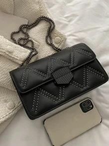 Studded Decor Flap Square Bagcrossbody Bag,Shoulder BagVintage,CasualPortable,With Adjustable Strapfor Women, Rookies & White-Collar Workers,For Girl,For Womangift Bag,Perfect For Office,Work ,Business,Commute,Shopping - Black - View 5