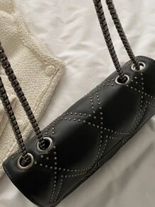 Studded Decor Flap Square Bagcrossbody Bag,Shoulder BagVintage,CasualPortable,With Adjustable Strapfor Women, Rookies & White-Collar Workers,For Girl,For Womangift Bag,Perfect For Office,Work ,Business,Commute,Shopping - Black - View 6