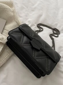 Studded Decor Flap Square Bagcrossbody Bag,Shoulder BagVintage,CasualPortable,With Adjustable Strapfor Women, Rookies & White-Collar Workers,For Girl,For Womangift Bag,Perfect For Office,Work ,Business,Commute,Shopping - Black - View 7