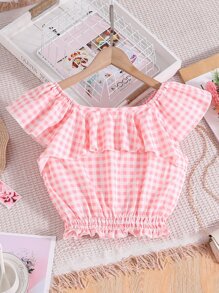 Chicas Blusa de guingán ribete con fruncido - Rosa - Ver 1